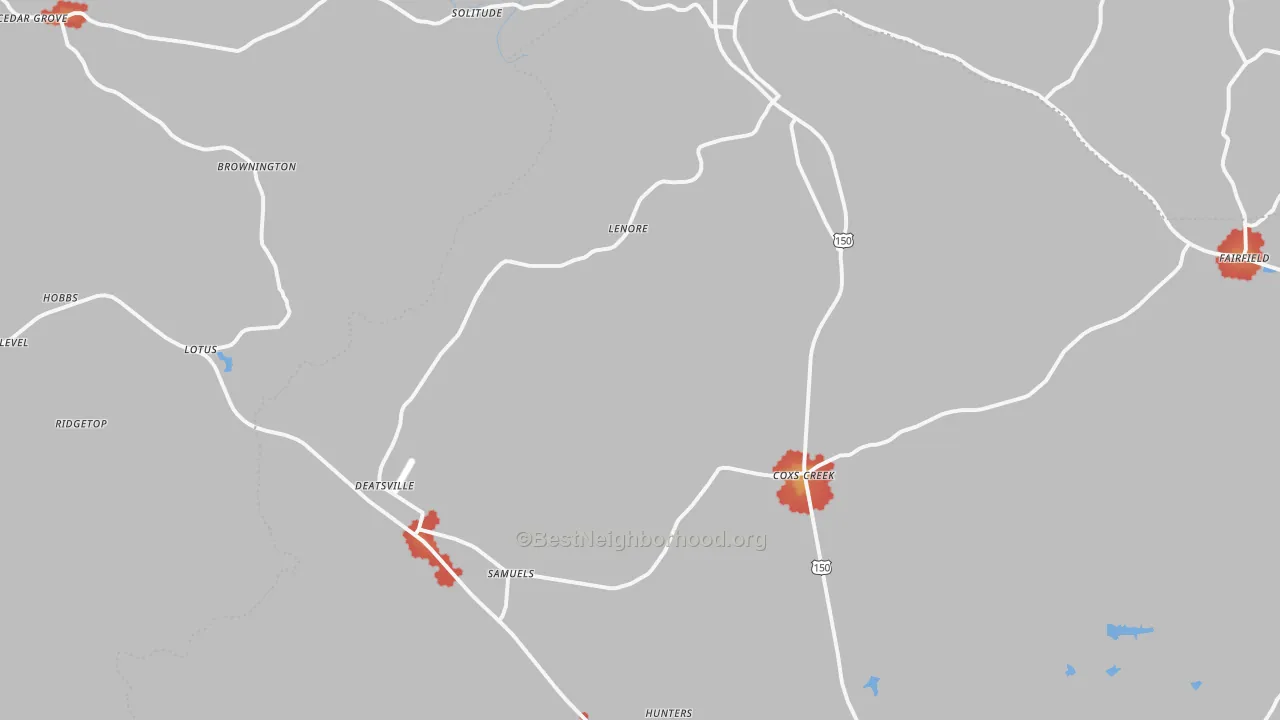 Walk Grade map of 40013, KY, walkable areas in green and car-dependent areas in red