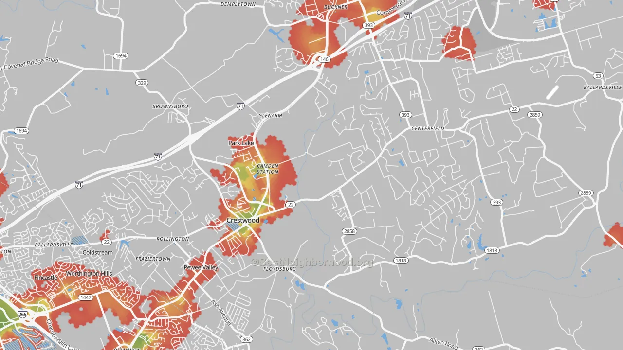 Walk Grade map of 40014, KY, walkable areas in green and car-dependent areas in red