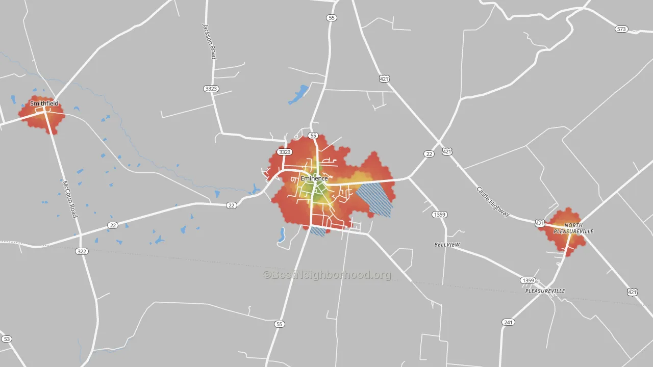 Walk Grade map of 40019, KY, walkable areas in green and car-dependent areas in red