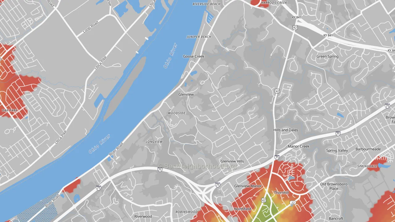 Walk Grade map of 40025, KY, walkable areas in green and car-dependent areas in red
