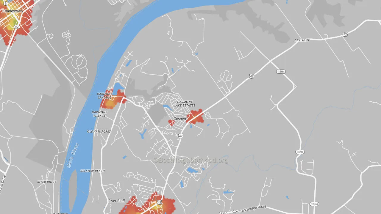 Walk Grade map of 40026, KY, walkable areas in green and car-dependent areas in red
