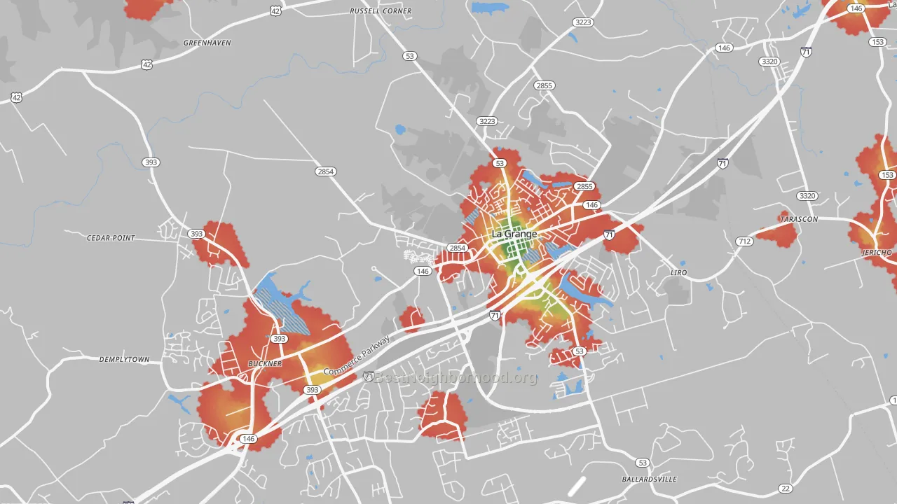 Walk Grade map of 40031, KY, walkable areas in green and car-dependent areas in red