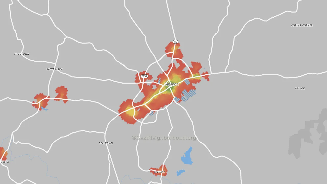 Walk Grade map of 40033, KY, walkable areas in green and car-dependent areas in red