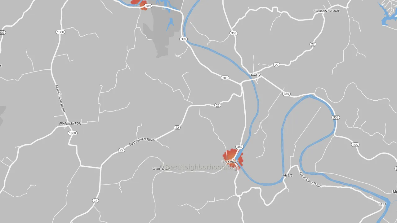Walk Grade map of 40036, KY, walkable areas in green and car-dependent areas in red