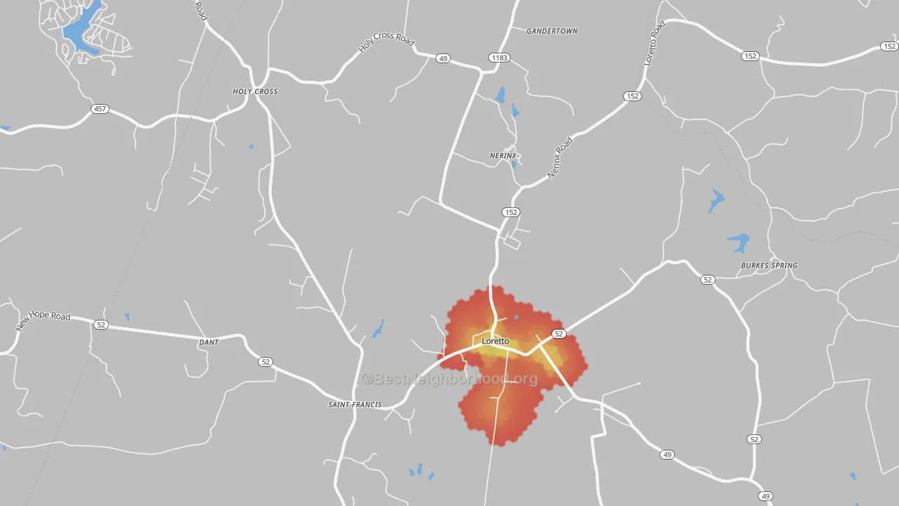 Walk Grade map of 40037, KY, walkable areas in green and car-dependent areas in red