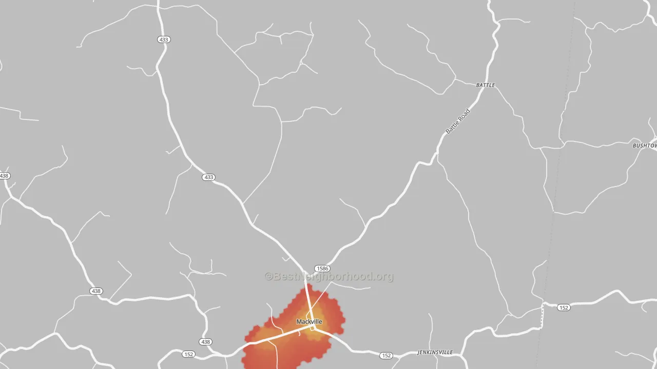 Walk Grade map of 40040, KY, walkable areas in green and car-dependent areas in red