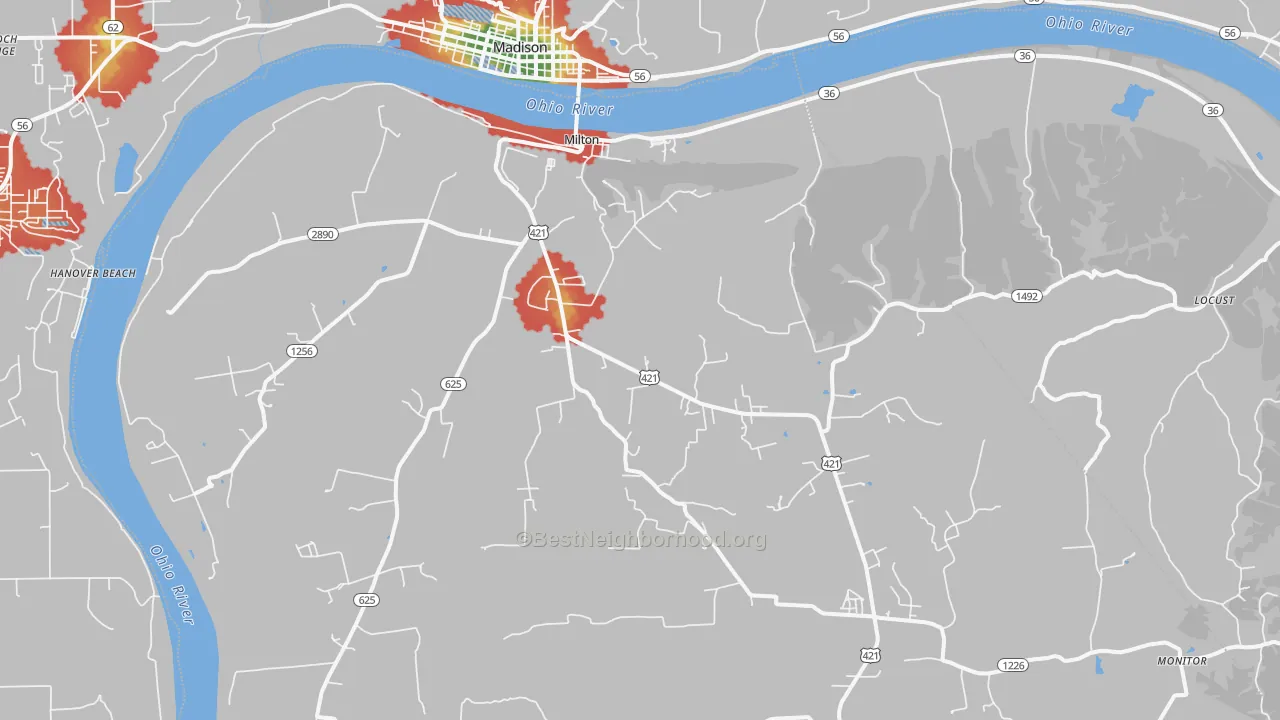 Walk Grade map of 40045, KY, walkable areas in green and car-dependent areas in red
