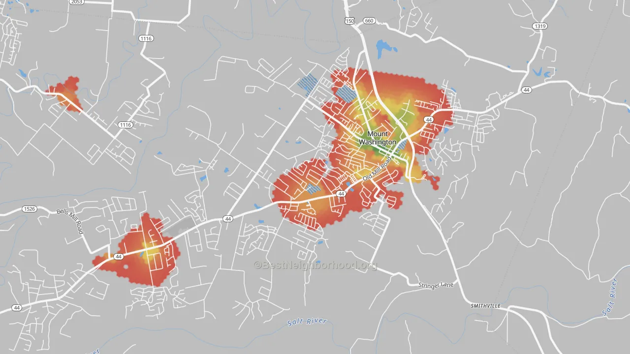Walk Grade map of 40047, KY, walkable areas in green and car-dependent areas in red