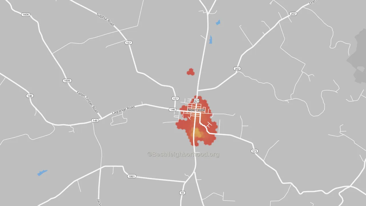 Walk Grade map of 40050, KY, walkable areas in green and car-dependent areas in red