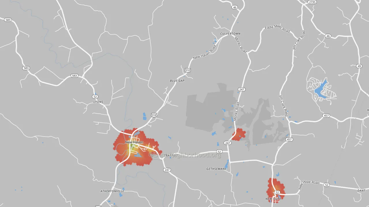 Walk Grade map of 40051, KY, walkable areas in green and car-dependent areas in red