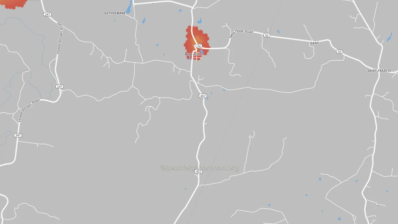 Walk Grade map of 40052, KY, walkable areas in green and car-dependent areas in red