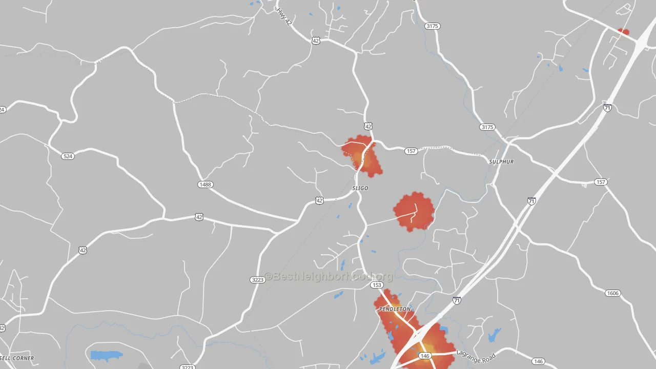 Walk Grade map of 40055, KY, walkable areas in green and car-dependent areas in red