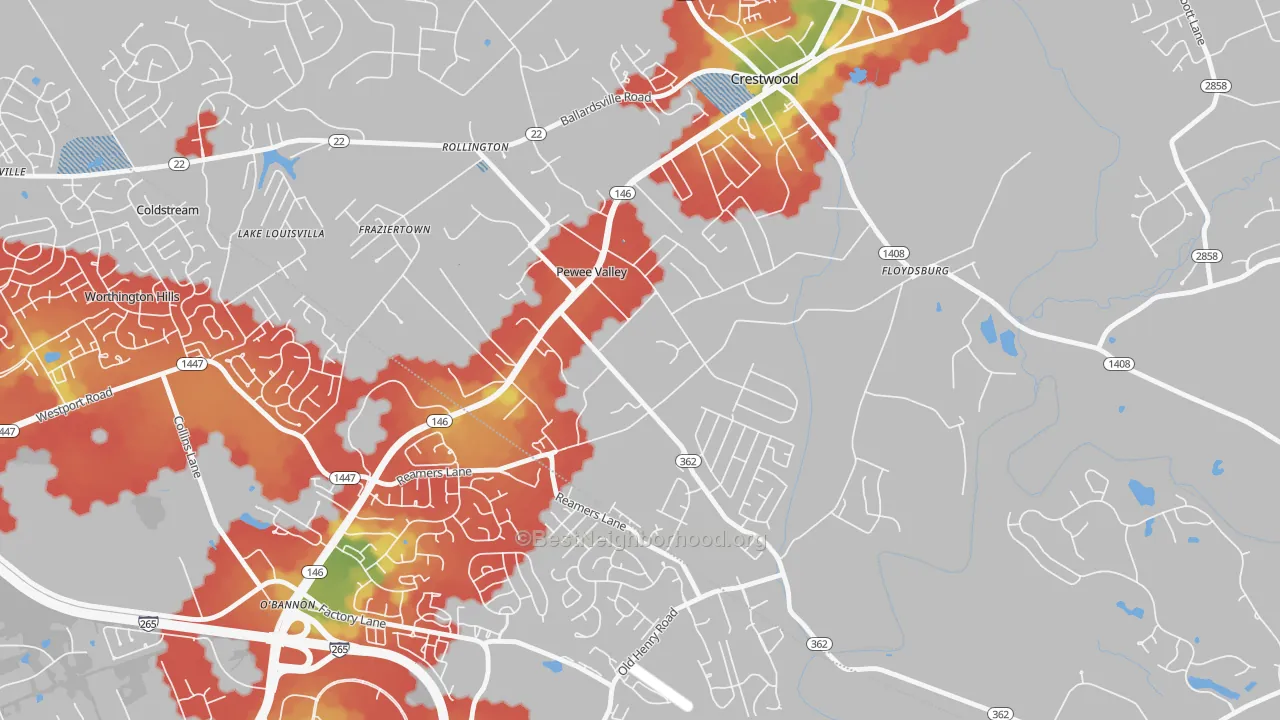 Walk Grade map of 40056, KY, walkable areas in green and car-dependent areas in red