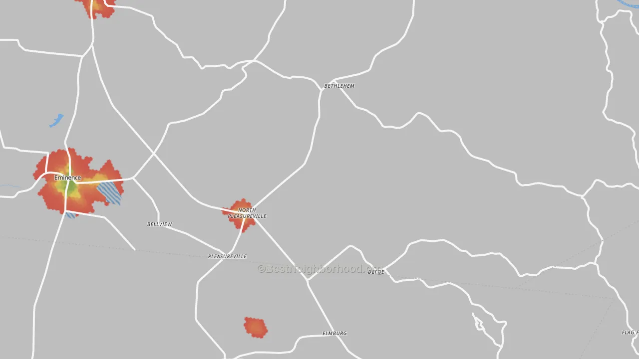 Walk Grade map of 40057, KY, walkable areas in green and car-dependent areas in red