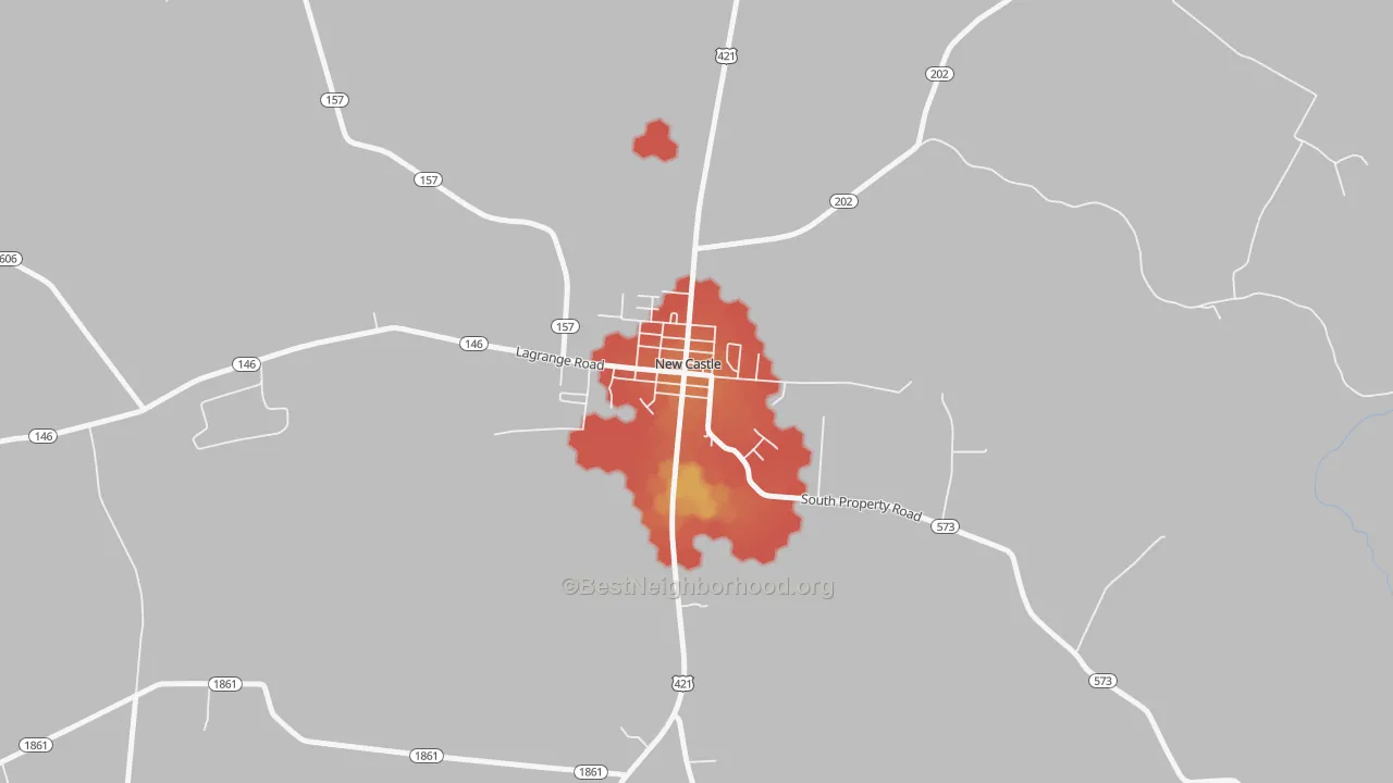 Walk Grade map of 40058, KY, walkable areas in green and car-dependent areas in red