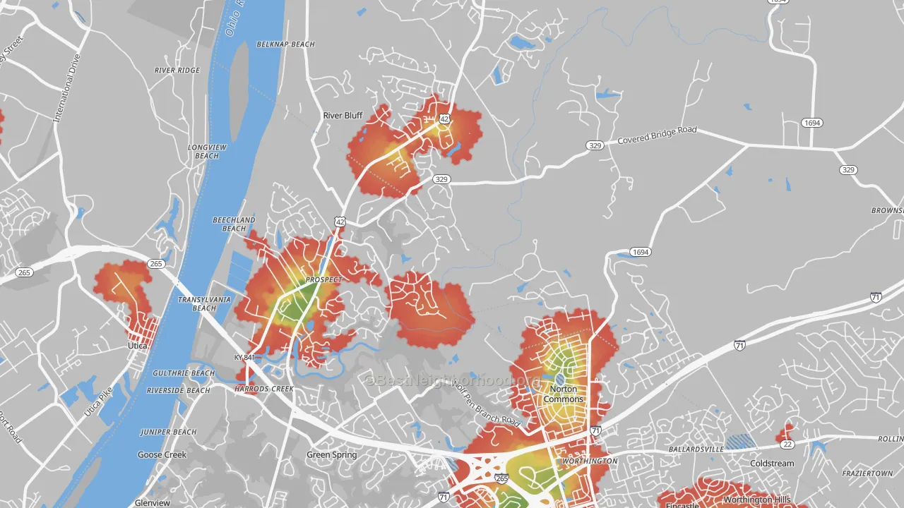 Walk Grade map of 40059, KY, walkable areas in green and car-dependent areas in red