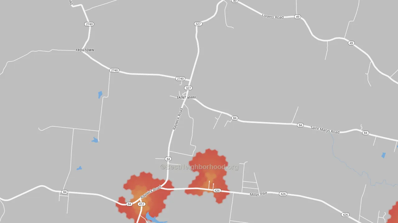 Walk Grade map of 40063, KY, walkable areas in green and car-dependent areas in red