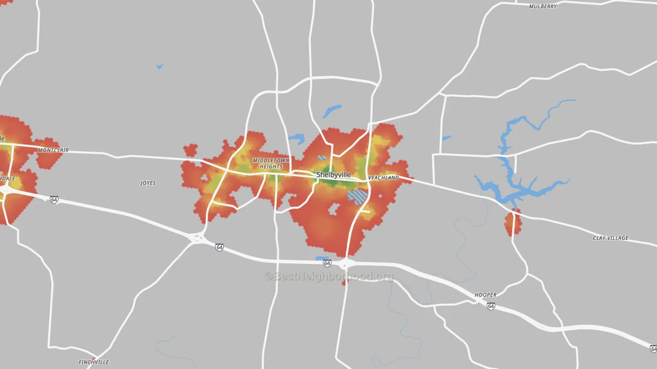 Walk Grade map of 40065, KY, walkable areas in green and car-dependent areas in red