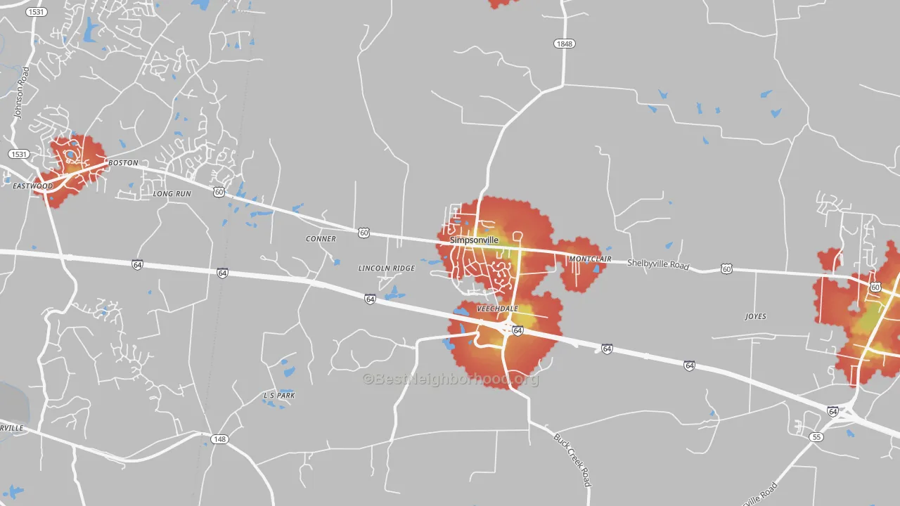Walk Grade map of 40067, KY, walkable areas in green and car-dependent areas in red