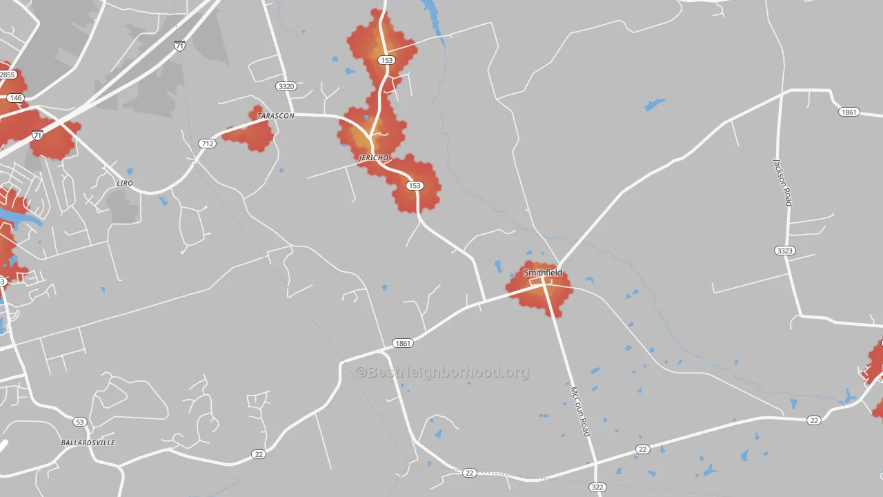 Walk Grade map of 40068, KY, walkable areas in green and car-dependent areas in red