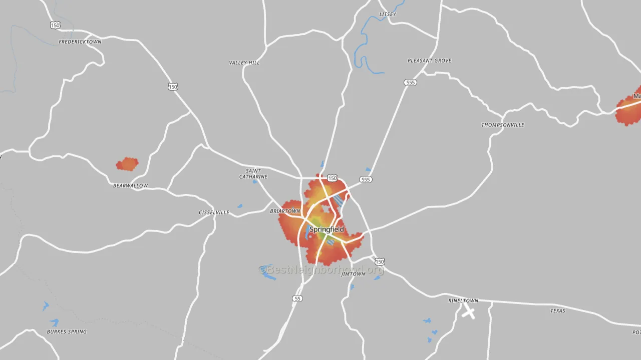 Walk Grade map of 40069, KY, walkable areas in green and car-dependent areas in red