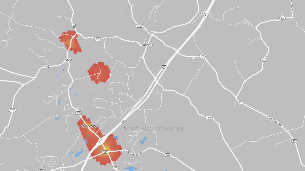 Walk Grade map of 40070, KY, walkable areas in green and car-dependent areas in red