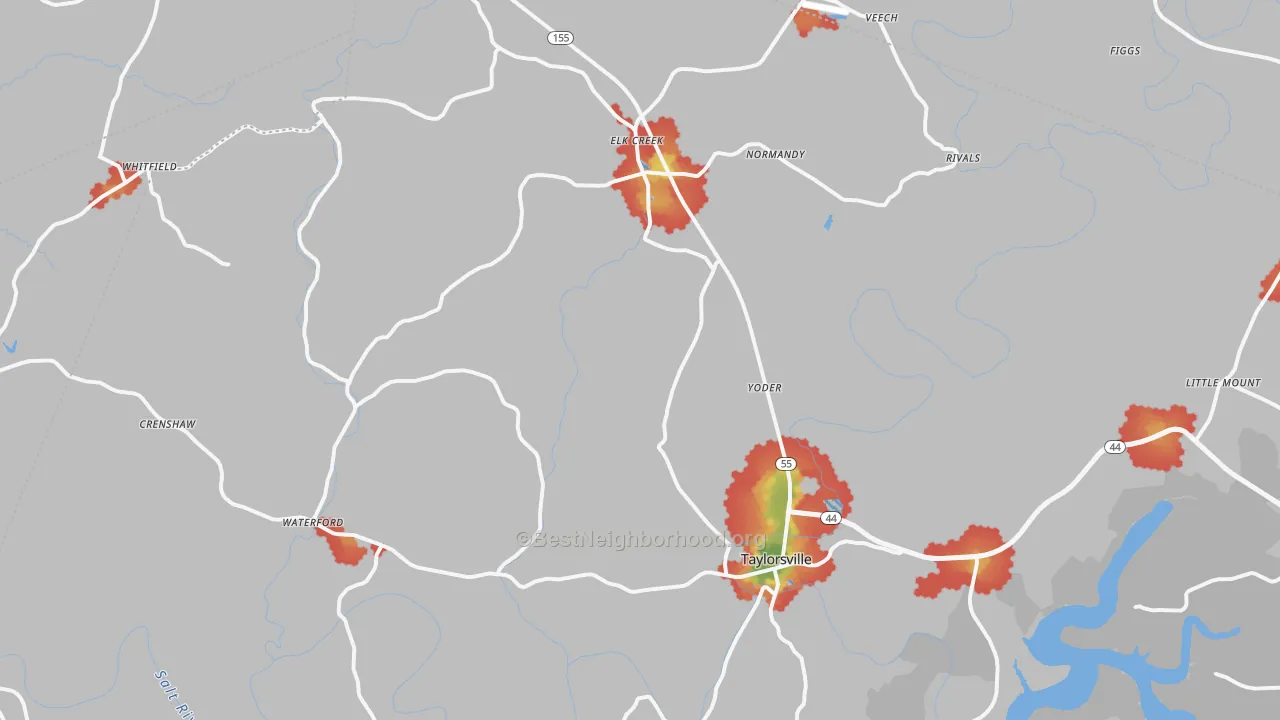 Walk Grade map of 40071, KY, walkable areas in green and car-dependent areas in red