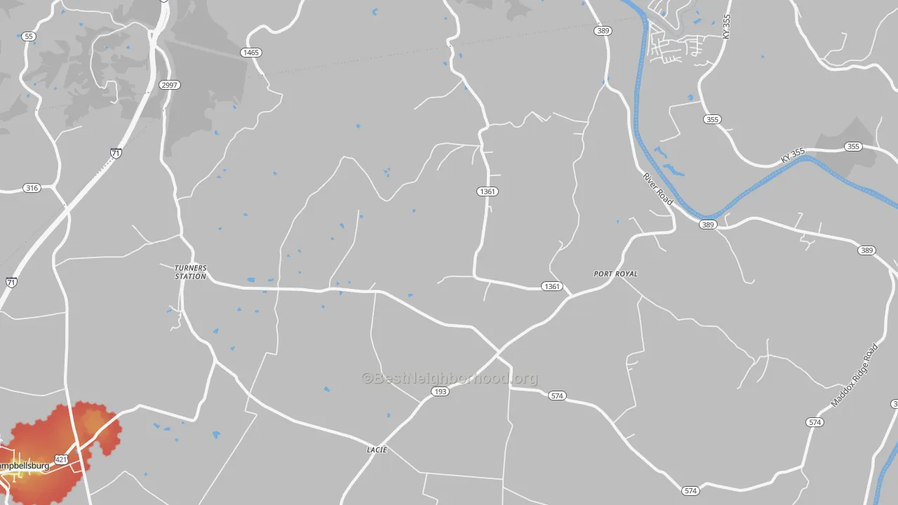 Walk Grade map of 40075, KY, walkable areas in green and car-dependent areas in red