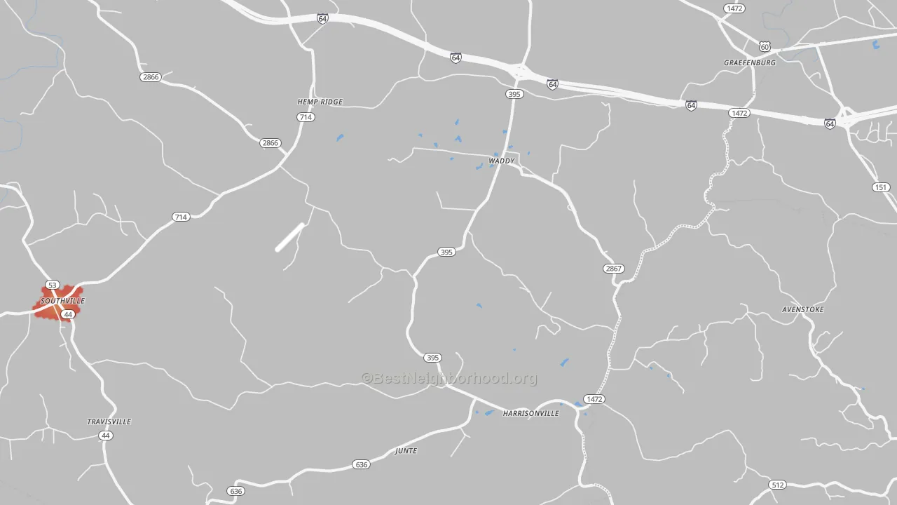 Walk Grade map of 40076, KY, walkable areas in green and car-dependent areas in red