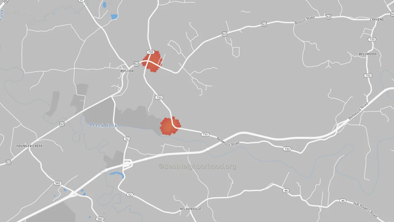 Walk Grade map of 40107, KY, walkable areas in green and car-dependent areas in red