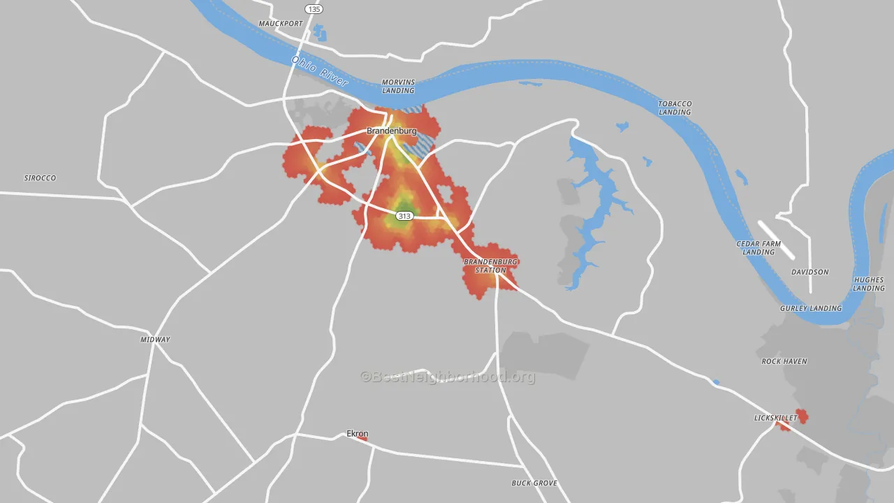 Walk Grade map of 40108, KY, walkable areas in green and car-dependent areas in red