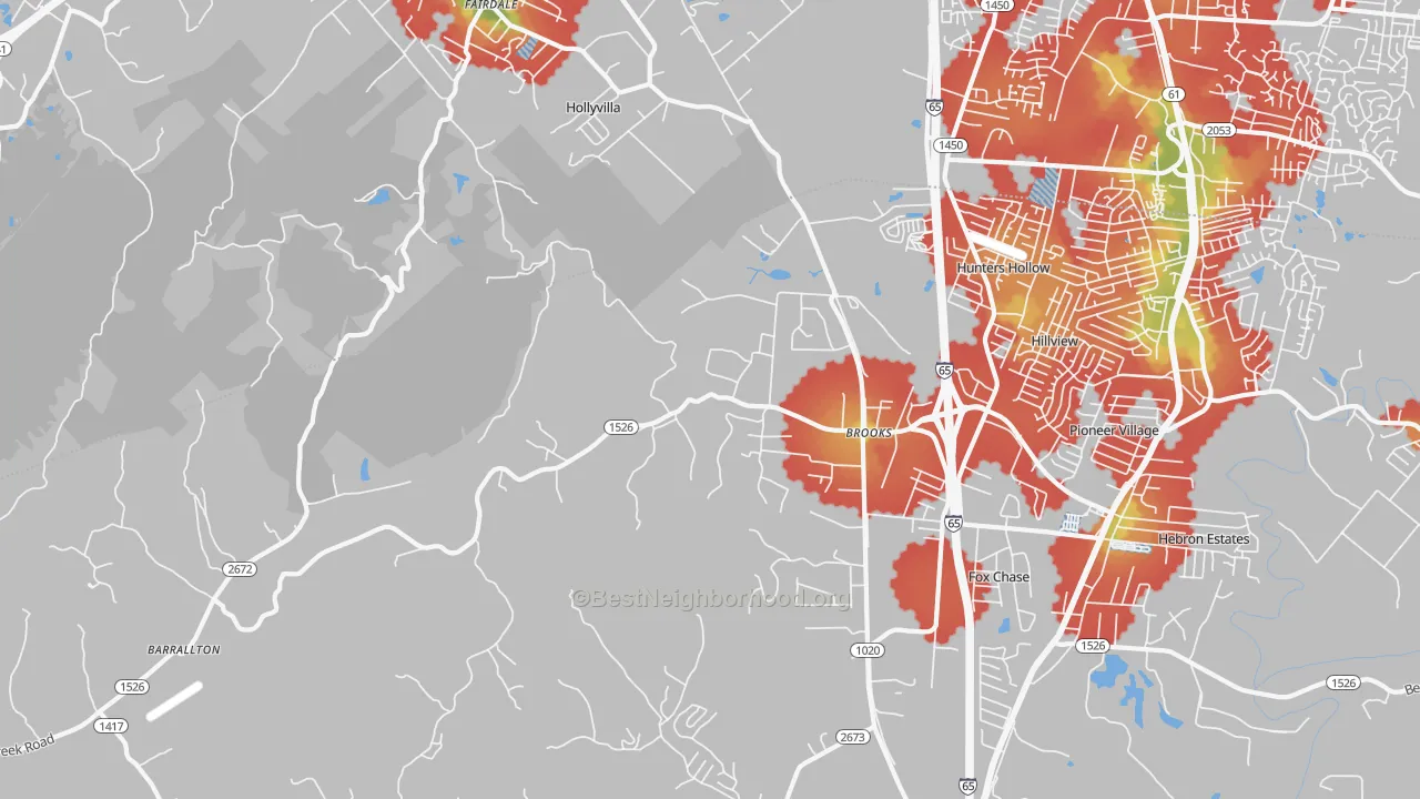 Walk Grade map of 40109, KY, walkable areas in green and car-dependent areas in red