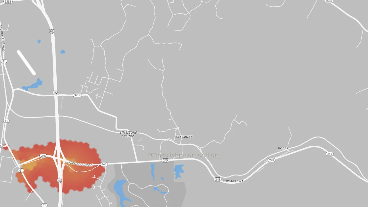 Walk Grade map of 40110, KY, walkable areas in green and car-dependent areas in red