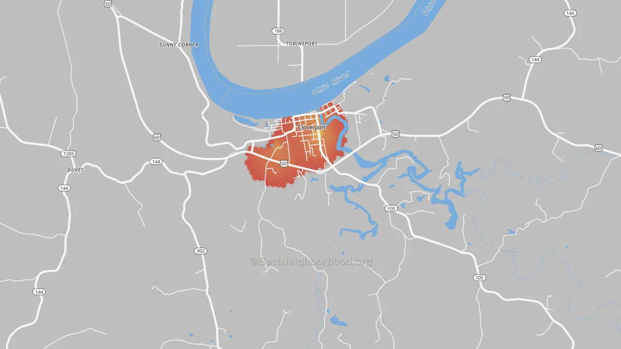 Walk Grade map of 40111, KY, walkable areas in green and car-dependent areas in red