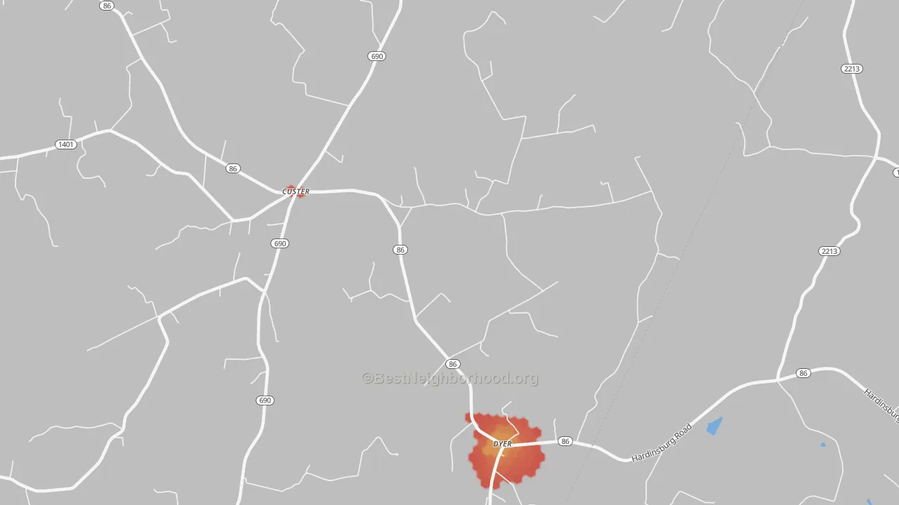 Walk Grade map of 40115, KY, walkable areas in green and car-dependent areas in red