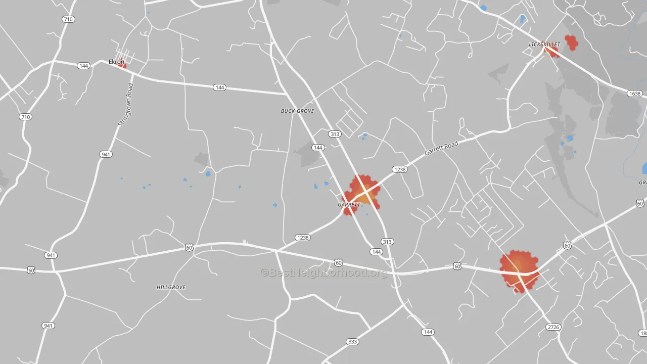 Walk Grade map of 40117, KY, walkable areas in green and car-dependent areas in red