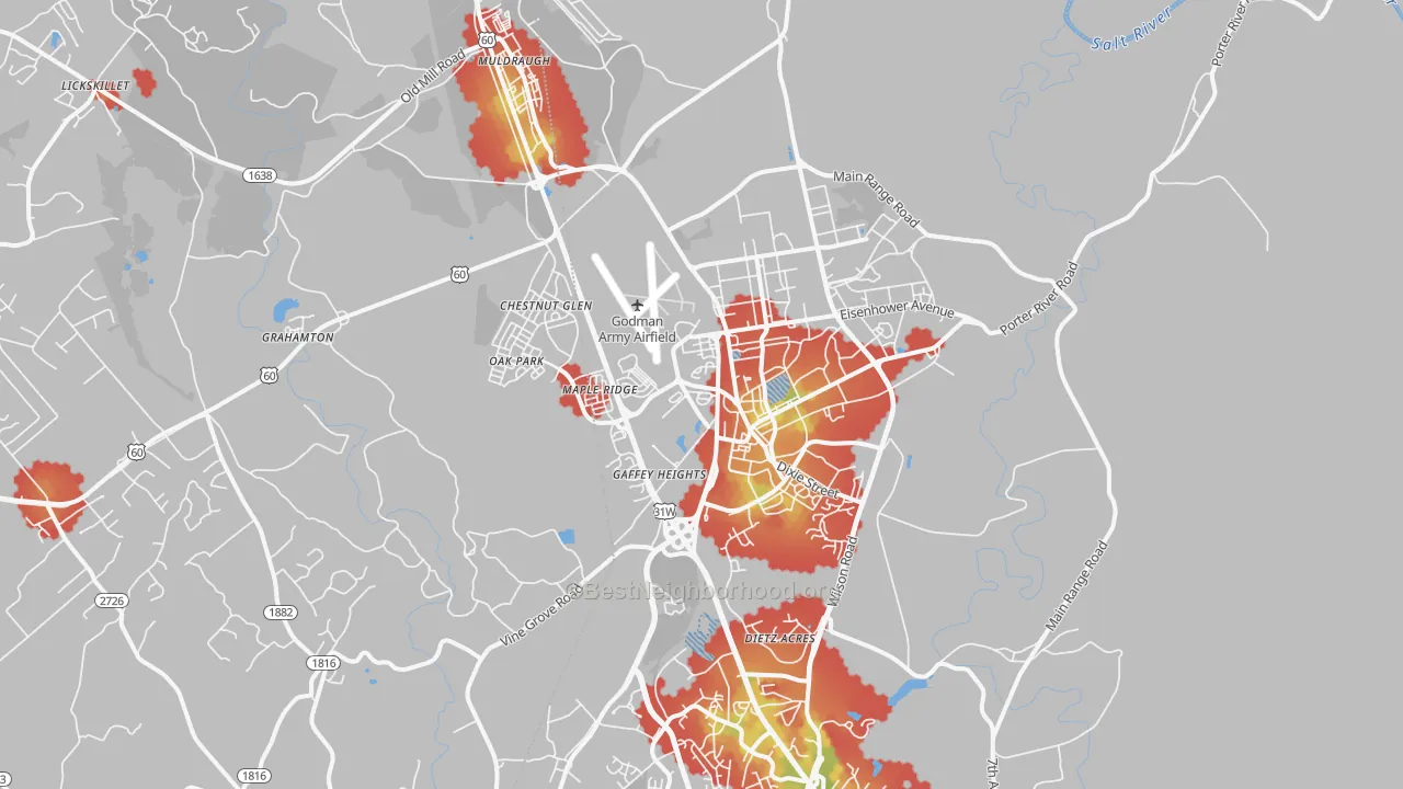 Walk Grade map of 40121, KY, walkable areas in green and car-dependent areas in red