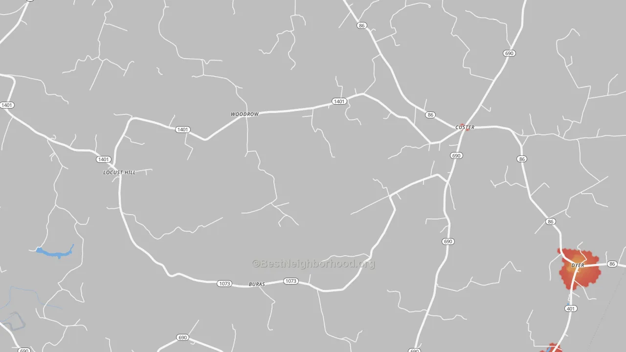 Walk Grade map of 40140, KY, walkable areas in green and car-dependent areas in red