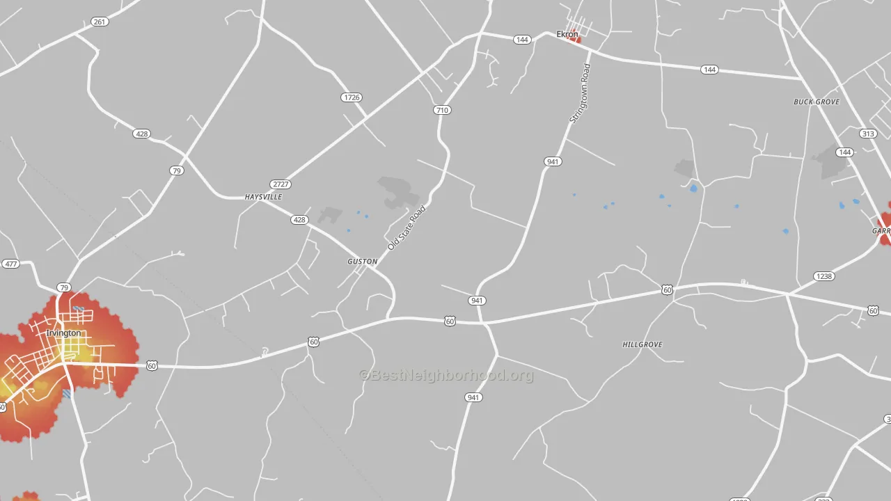 Walk Grade map of 40142, KY, walkable areas in green and car-dependent areas in red