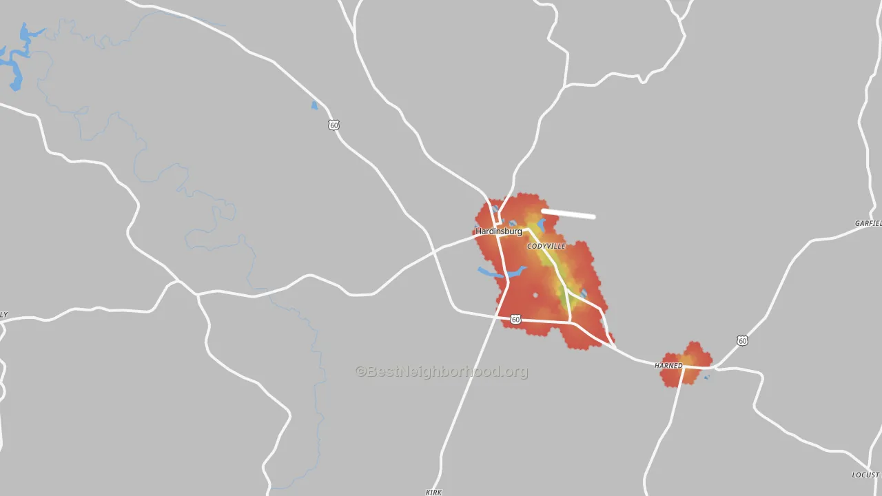 Walk Grade map of 40143, KY, walkable areas in green and car-dependent areas in red