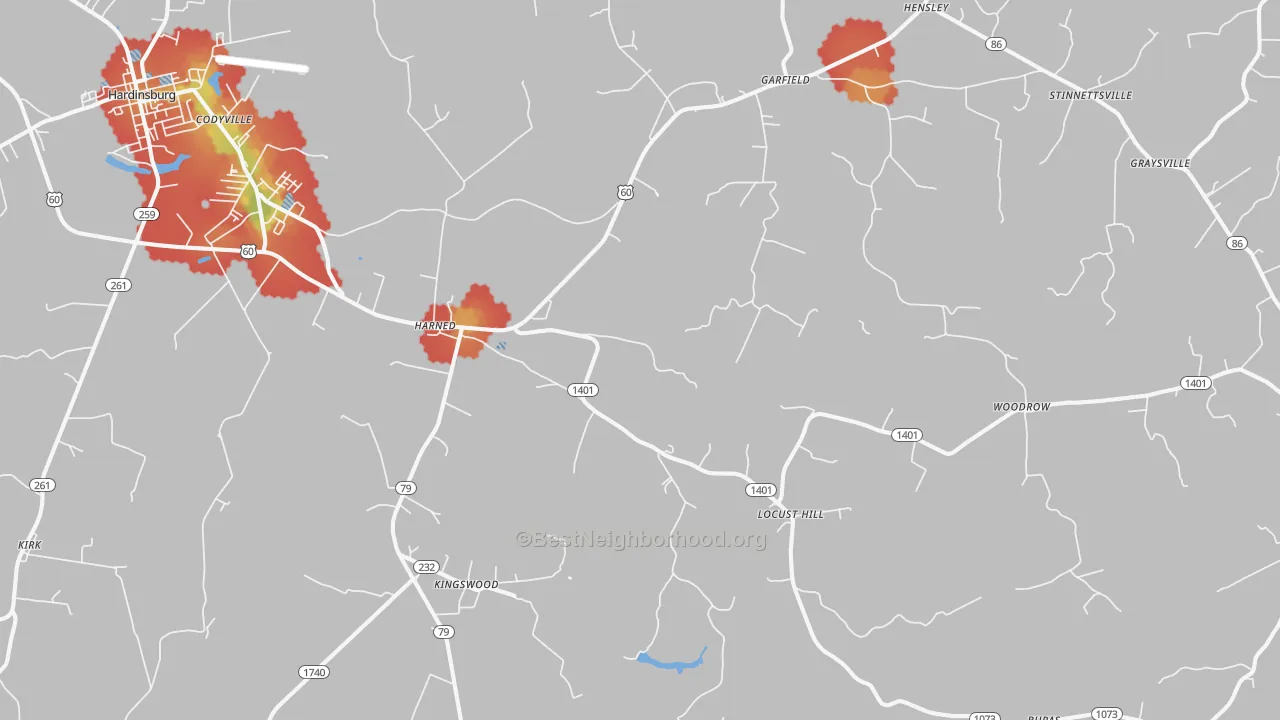 Walk Grade map of 40144, KY, walkable areas in green and car-dependent areas in red