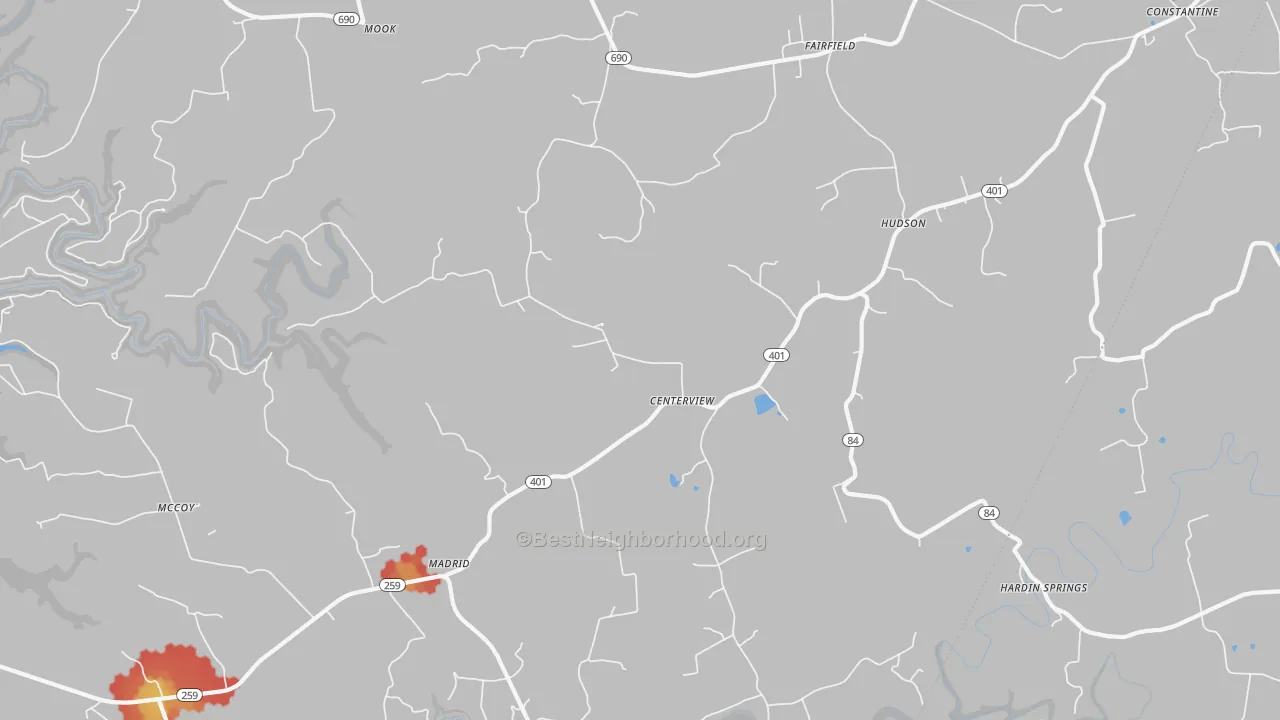 Walk Grade map of 40145, KY, walkable areas in green and car-dependent areas in red
