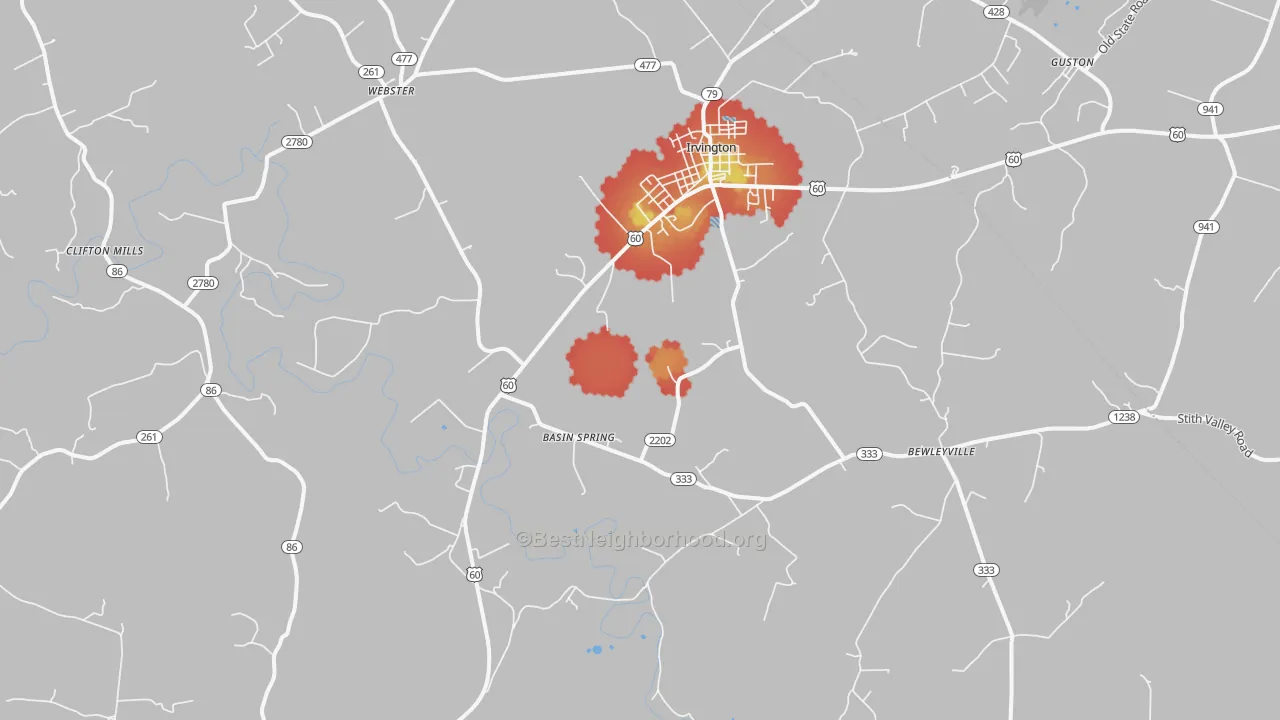 Walk Grade map of 40146, KY, walkable areas in green and car-dependent areas in red
