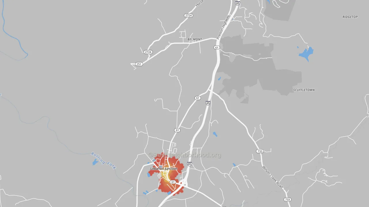Walk Grade map of 40150, KY, walkable areas in green and car-dependent areas in red