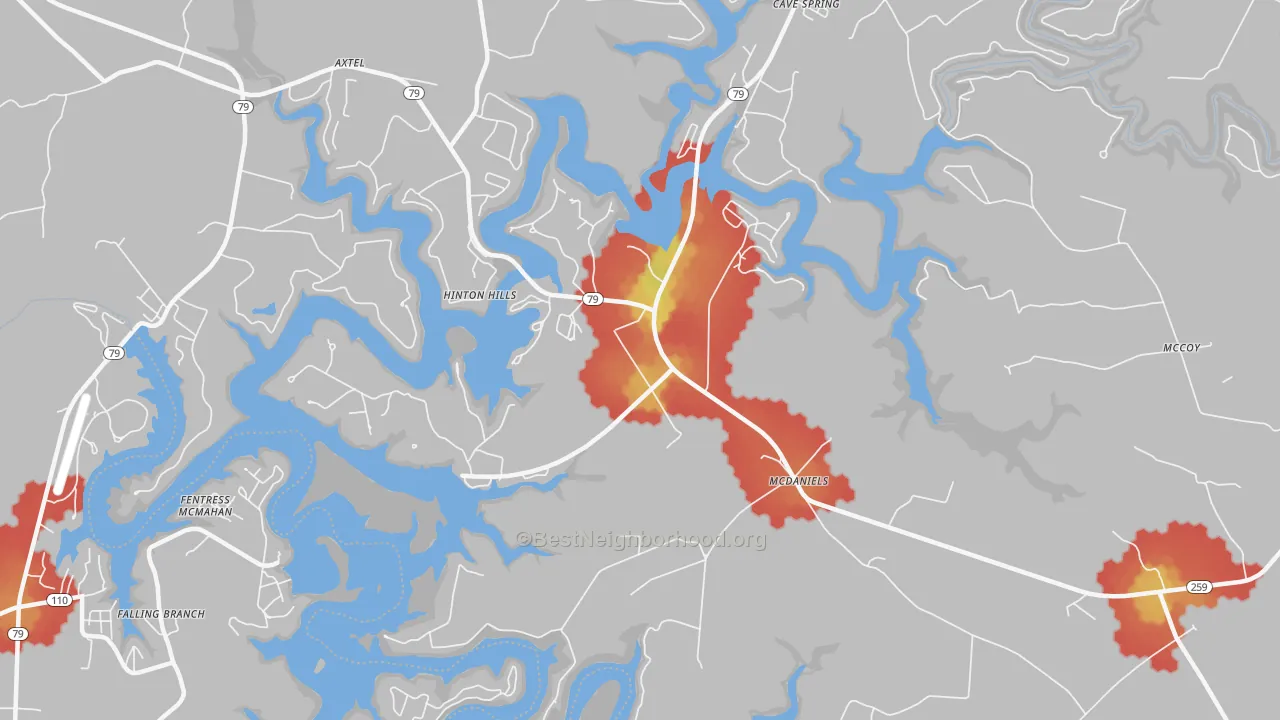 Walk Grade map of 40152, KY, walkable areas in green and car-dependent areas in red