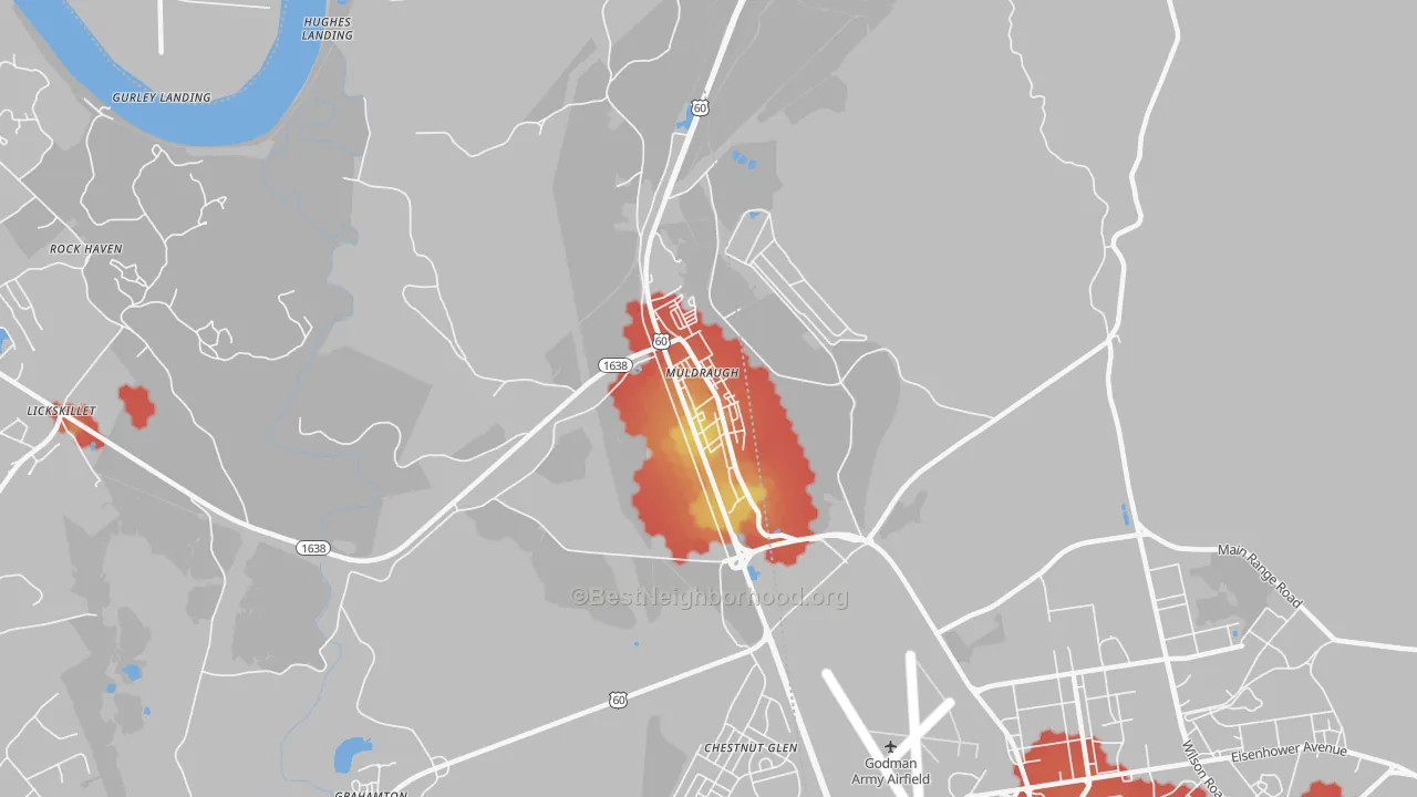 Walk Grade map of 40155, KY, walkable areas in green and car-dependent areas in red