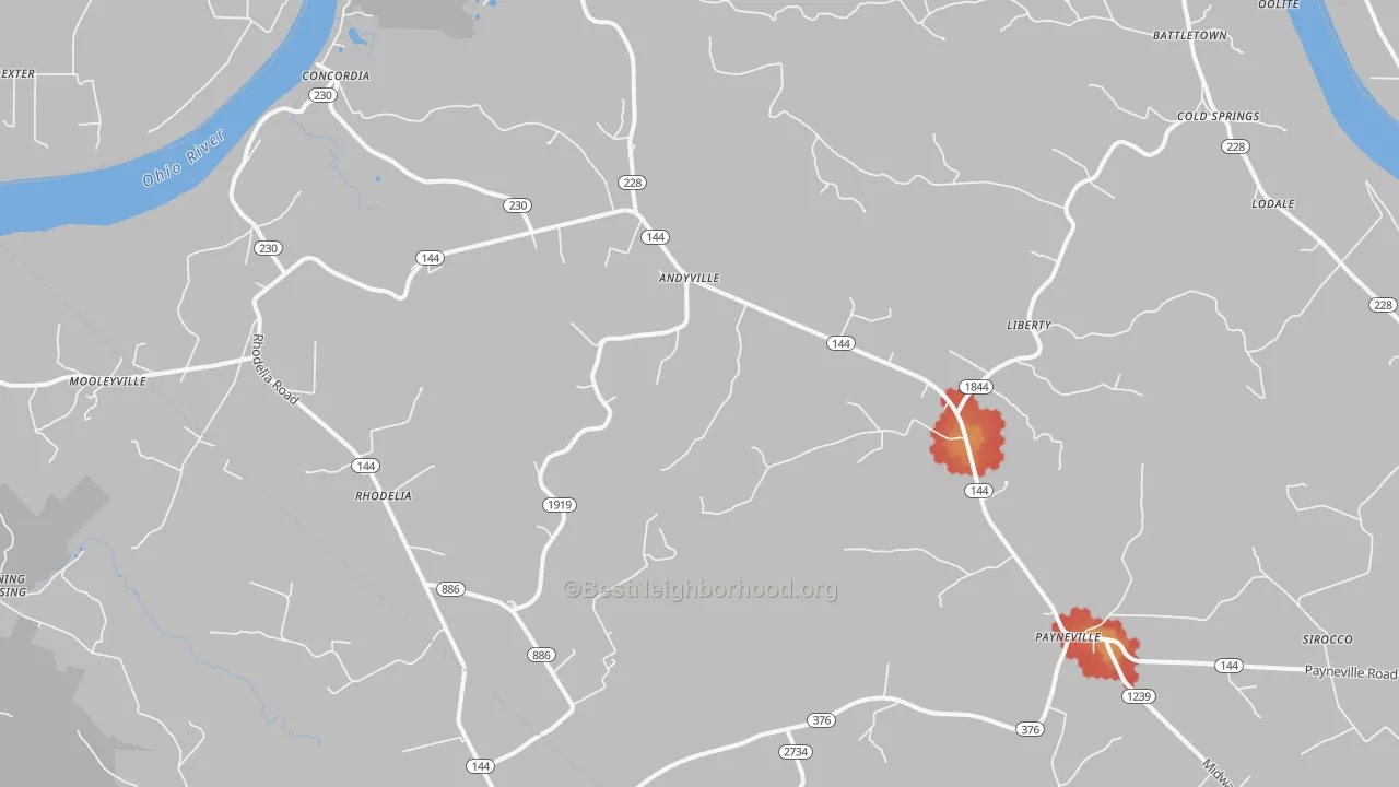 Walk Grade map of 40157, KY, walkable areas in green and car-dependent areas in red