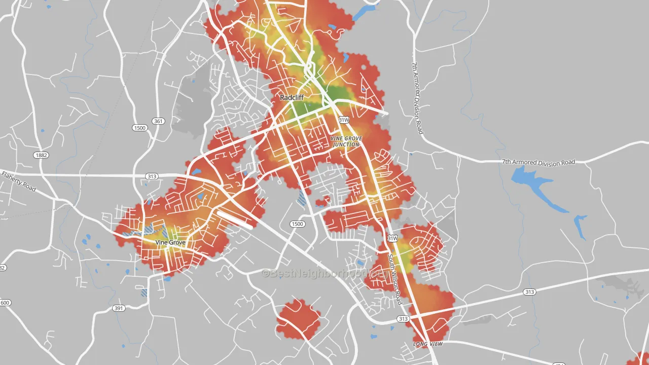 Walk Grade map of 40160, KY, walkable areas in green and car-dependent areas in red