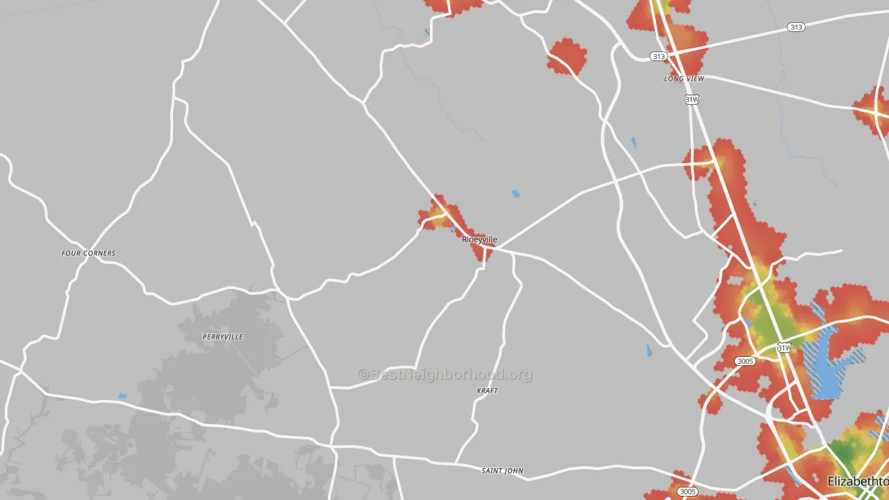 Walk Grade map of 40162, KY, walkable areas in green and car-dependent areas in red