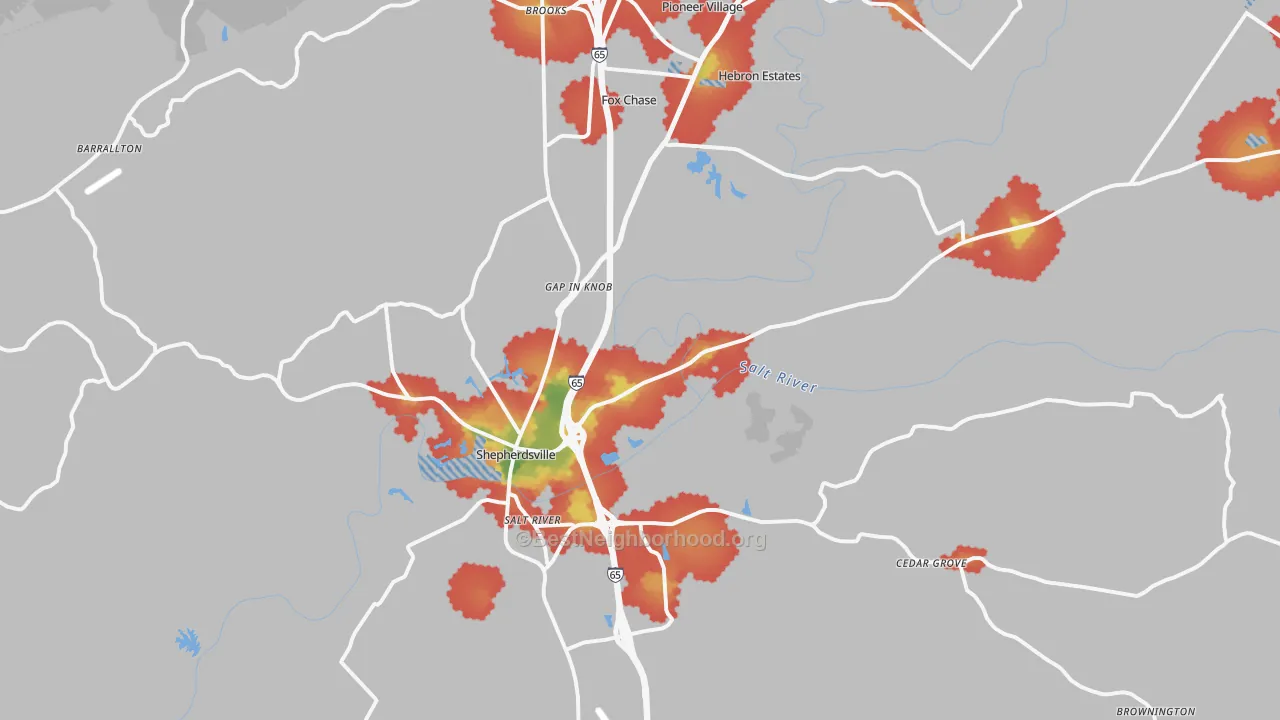 Walk Grade map of 40165, KY, walkable areas in green and car-dependent areas in red